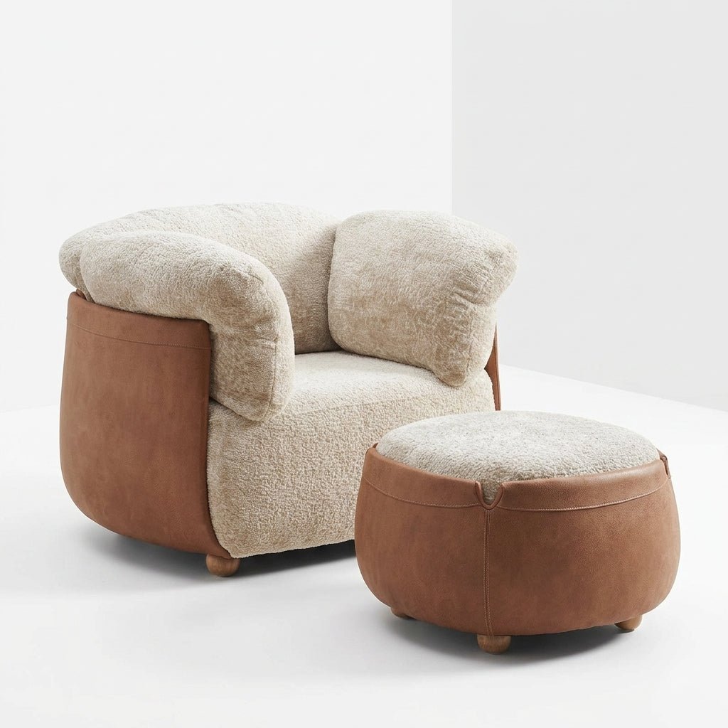 Ensemble fauteuil et repose-pieds | Bois massif | Cuir et tissu | Havana