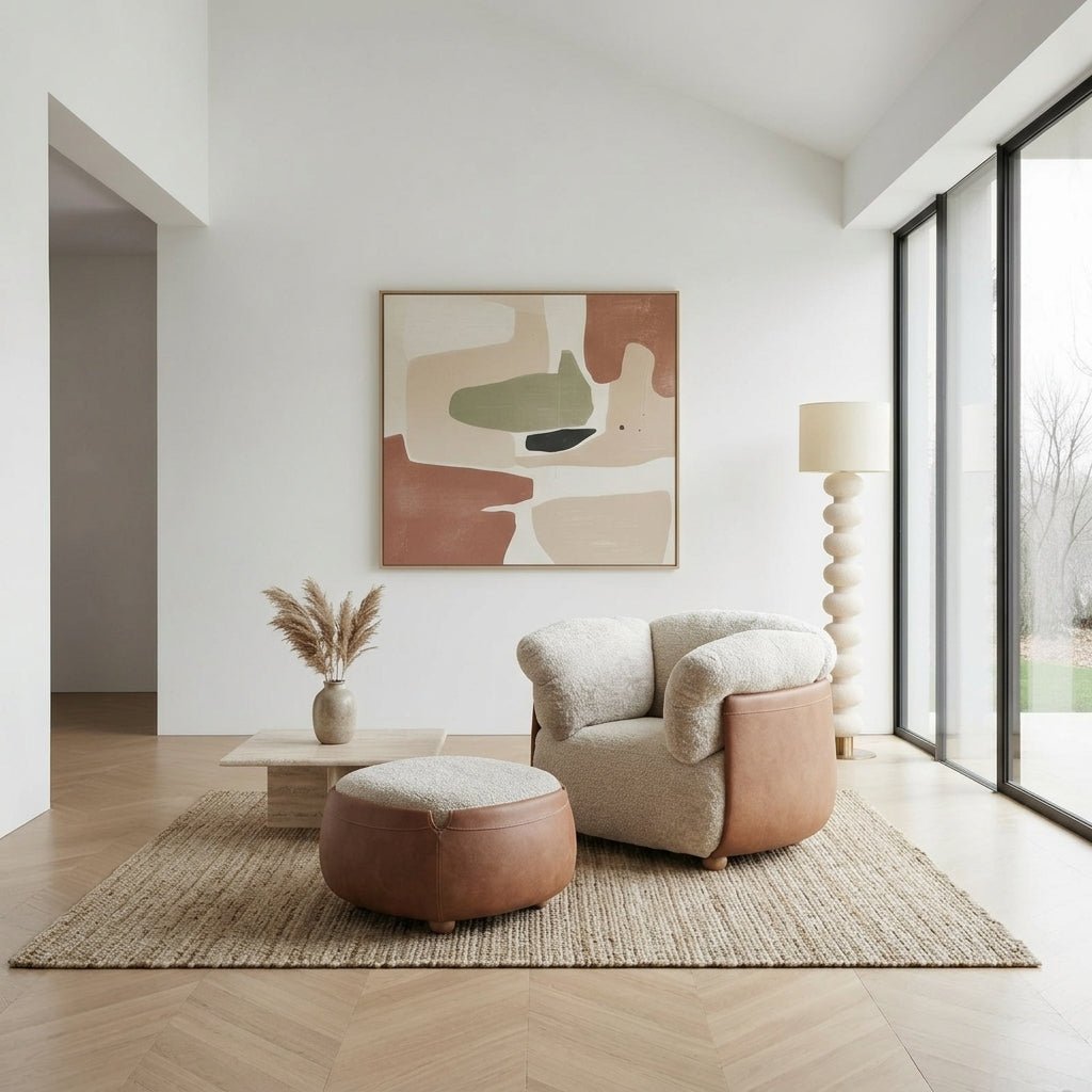 Ensemble fauteuil et repose-pieds | Bois massif | Cuir et tissu | Havana