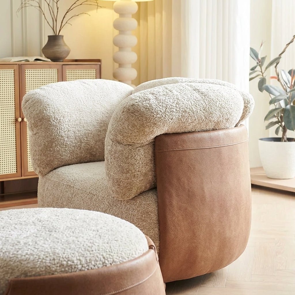Ensemble fauteuil et repose-pieds | Bois massif | Cuir et tissu | Havana