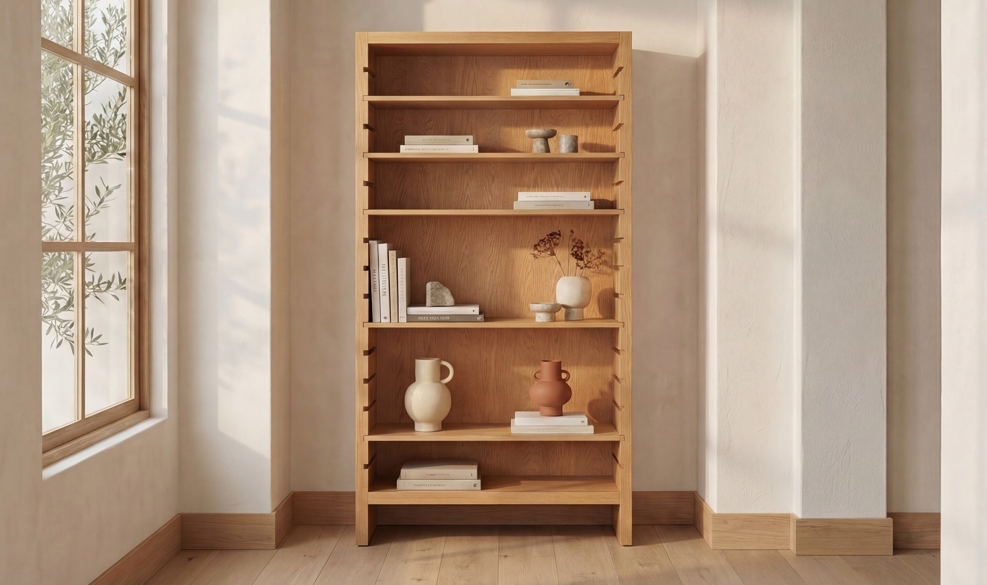 Bibliothèque En Chêne Naturel Hirosaki | 5 Étagères Réglables | Fait À La Main | Bois Durable