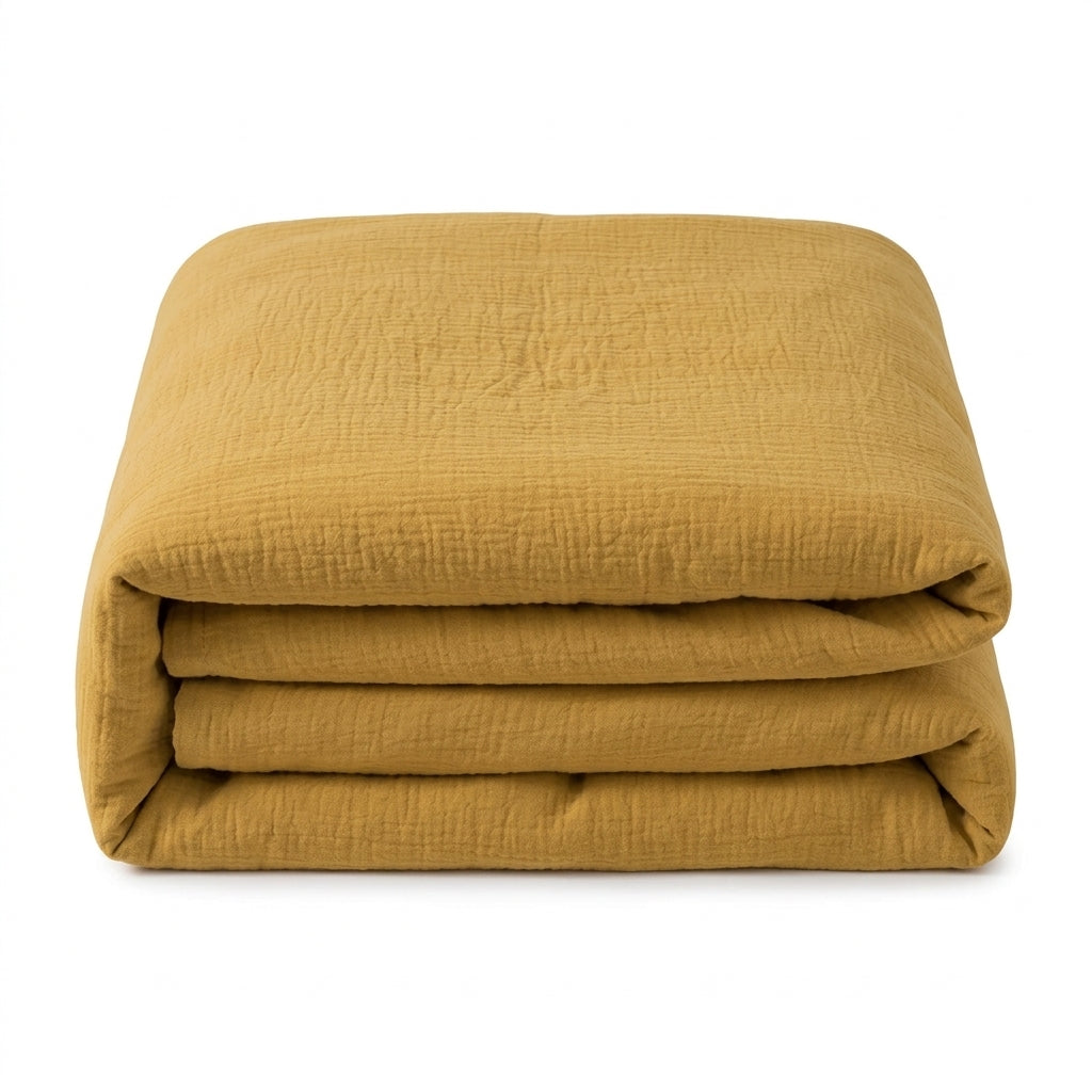 Housse de couette en mousseline de coton jaune, format King, pliée