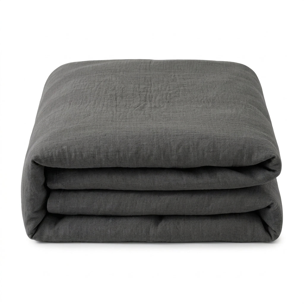 Housse de couette en lin gris anthracite, pliée
