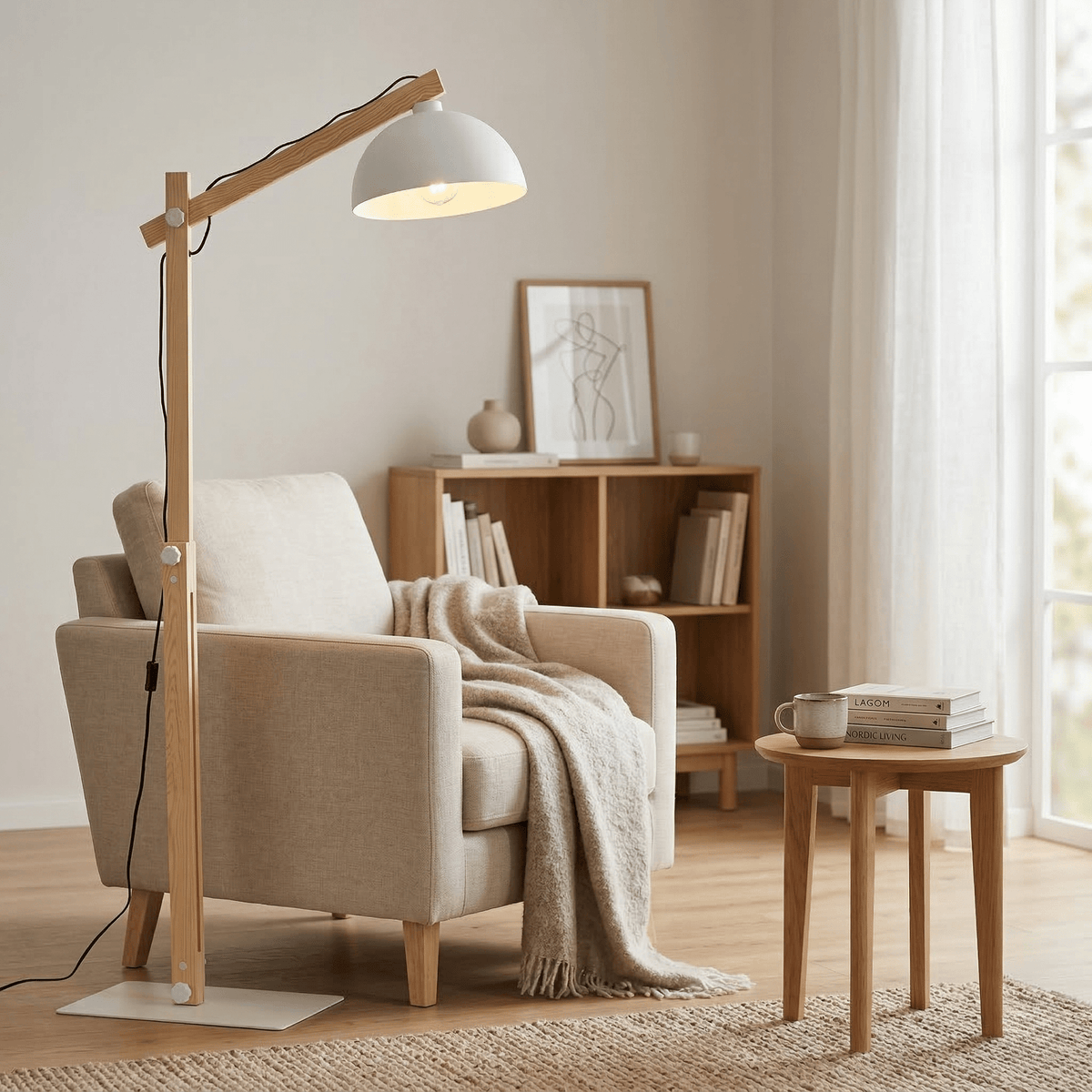 Lampadaire OSLO blanc avec bras en bois massif dans un salon de style scandinave, idéal pour un coin lecture.