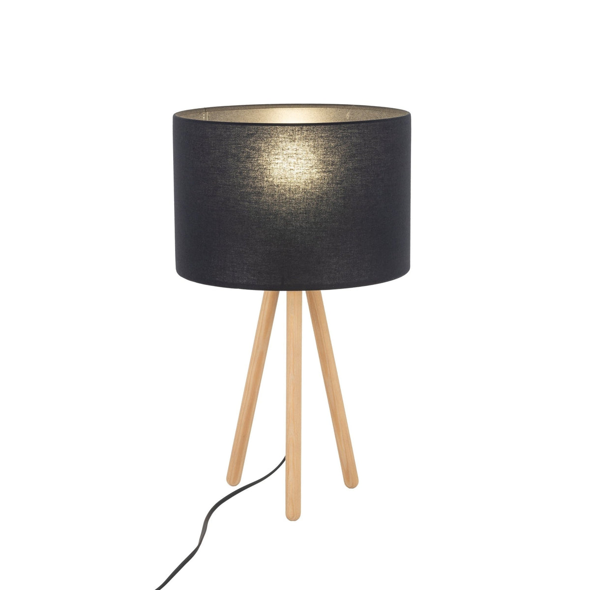Lampe de table: abat-jour en tissu noir avec intérieur doré, trépied en bois clair