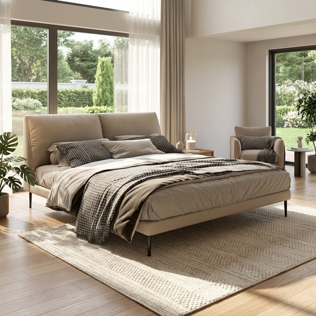 Lit King rembourré Aarhus | Lit plateforme moderne | Cuir pleine fleur véritable | Cadre en bois massif | Sommier à lattes intégré - Les Trouvailles de JustinebedAltera