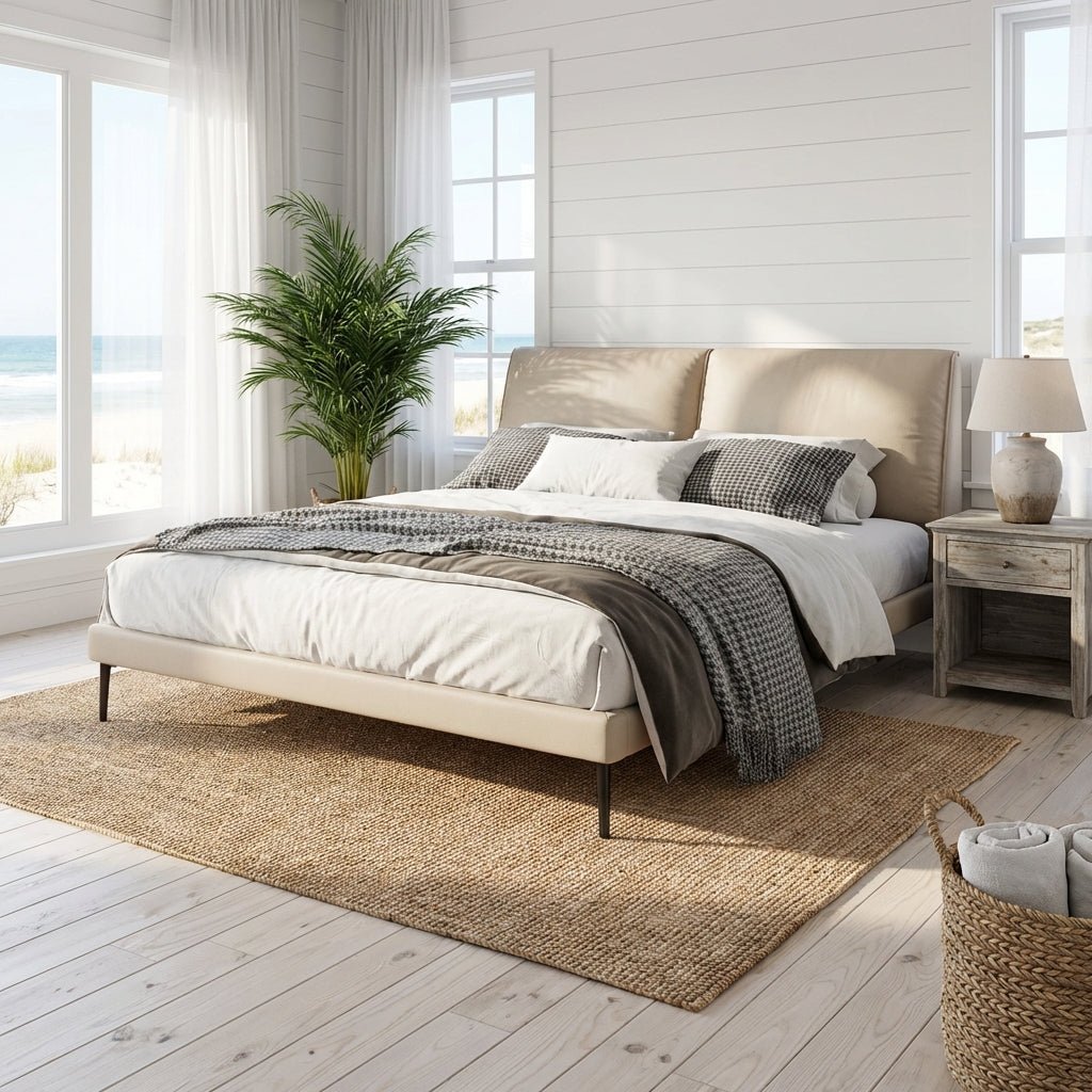 Lit King rembourré Aarhus | Lit plateforme moderne | Cuir pleine fleur véritable | Cadre en bois massif | Sommier à lattes intégré - Les Trouvailles de JustinebedAltera
