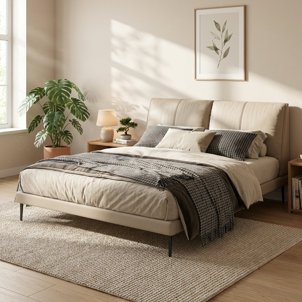 Lit King rembourré Aarhus | Lit plateforme moderne | Cuir pleine fleur véritable | Cadre en bois massif | Sommier à lattes intégré - Les Trouvailles de JustinebedAltera