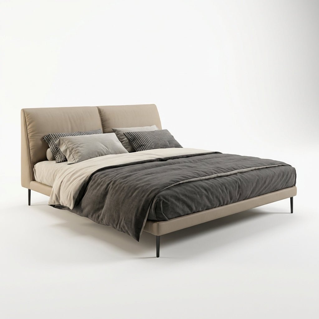 Lit King rembourré Aarhus | Lit plateforme moderne | Cuir pleine fleur véritable | Cadre en bois massif | Sommier à lattes intégré - Les Trouvailles de JustinebedAltera