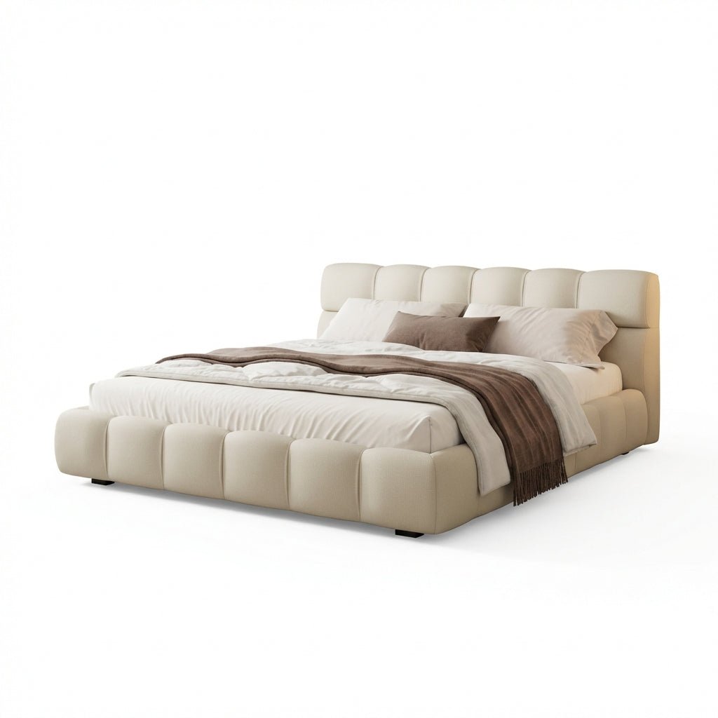 Lit King Valencia | Lit plateforme capitonné | Tissu tissé de qualité | Cadre en bois massif | Sommier à lattes intégré - Les Trouvailles de JustinebedAltera