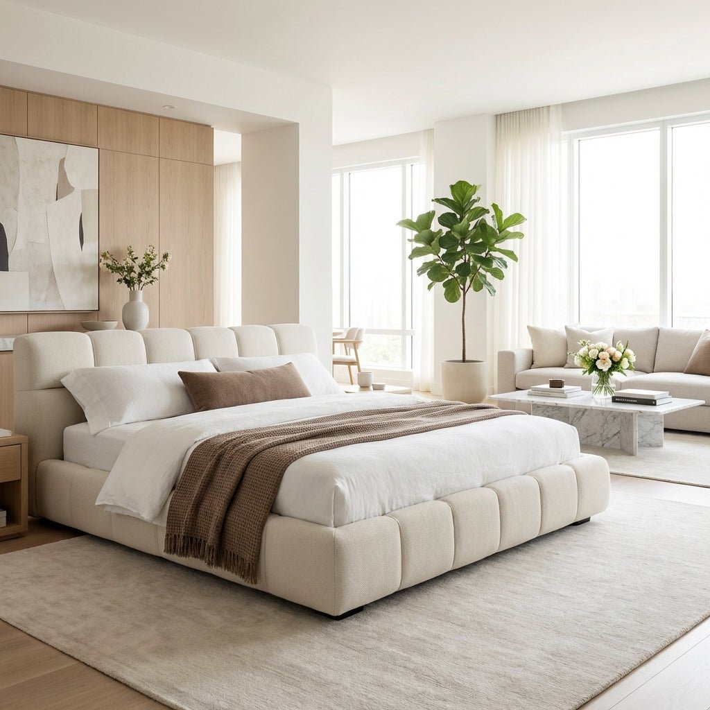 Lit King Valencia | Lit plateforme capitonné | Tissu tissé de qualité | Cadre en bois massif | Sommier à lattes intégré - Les Trouvailles de JustinebedAltera