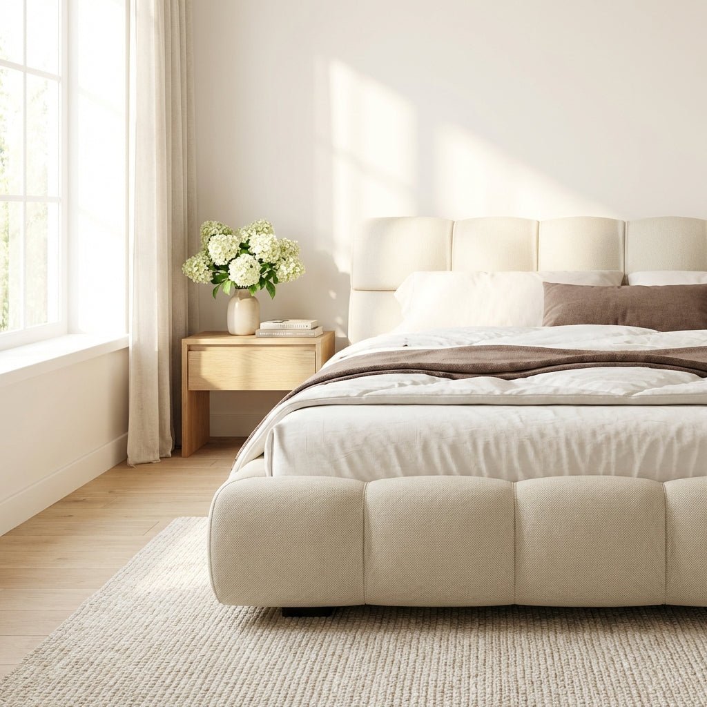Lit King Valencia | Lit plateforme capitonné | Tissu tissé de qualité | Cadre en bois massif | Sommier à lattes intégré - Les Trouvailles de JustinebedAltera