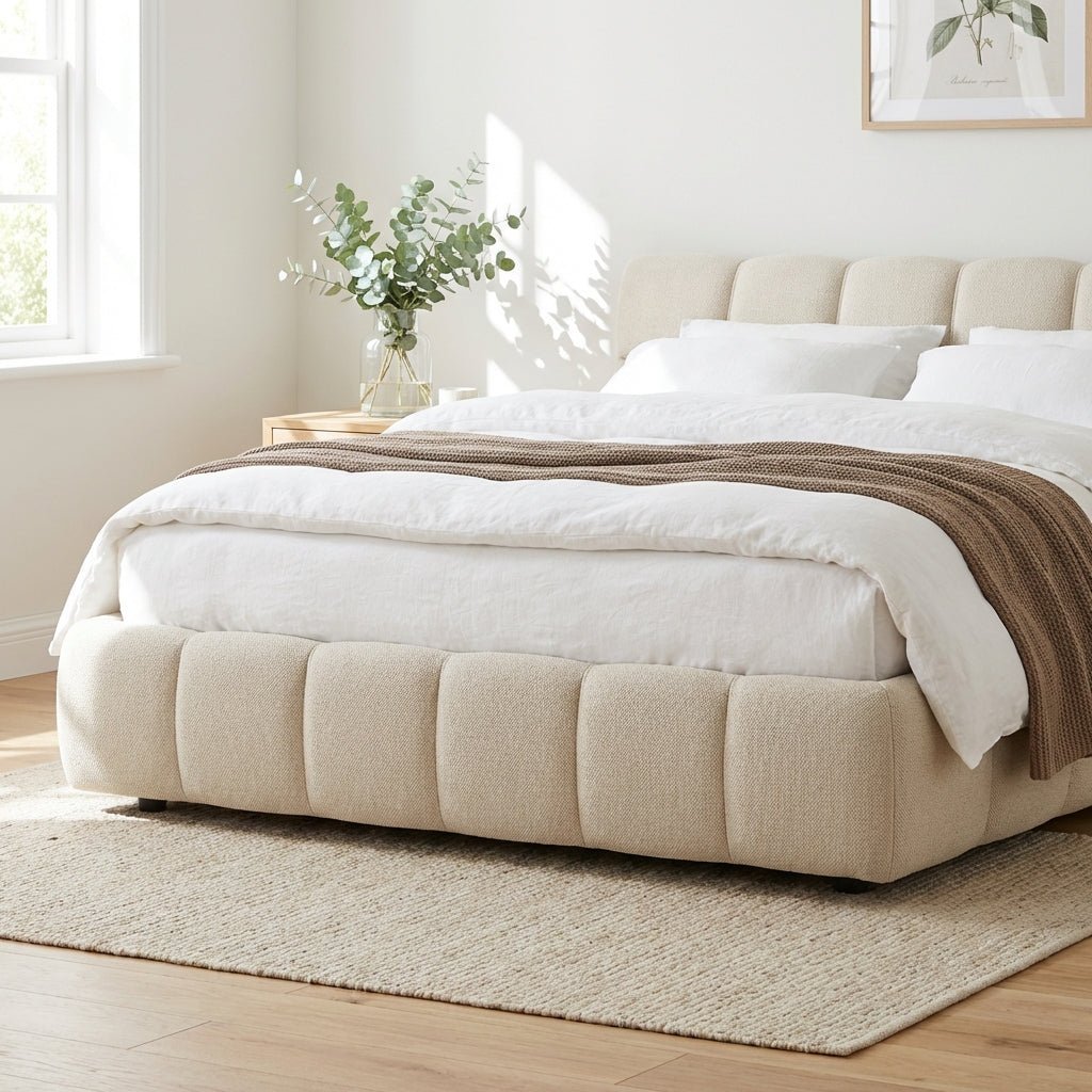 Lit King Valencia | Lit plateforme capitonné | Tissu tissé de qualité | Cadre en bois massif | Sommier à lattes intégré - Les Trouvailles de JustinebedAltera