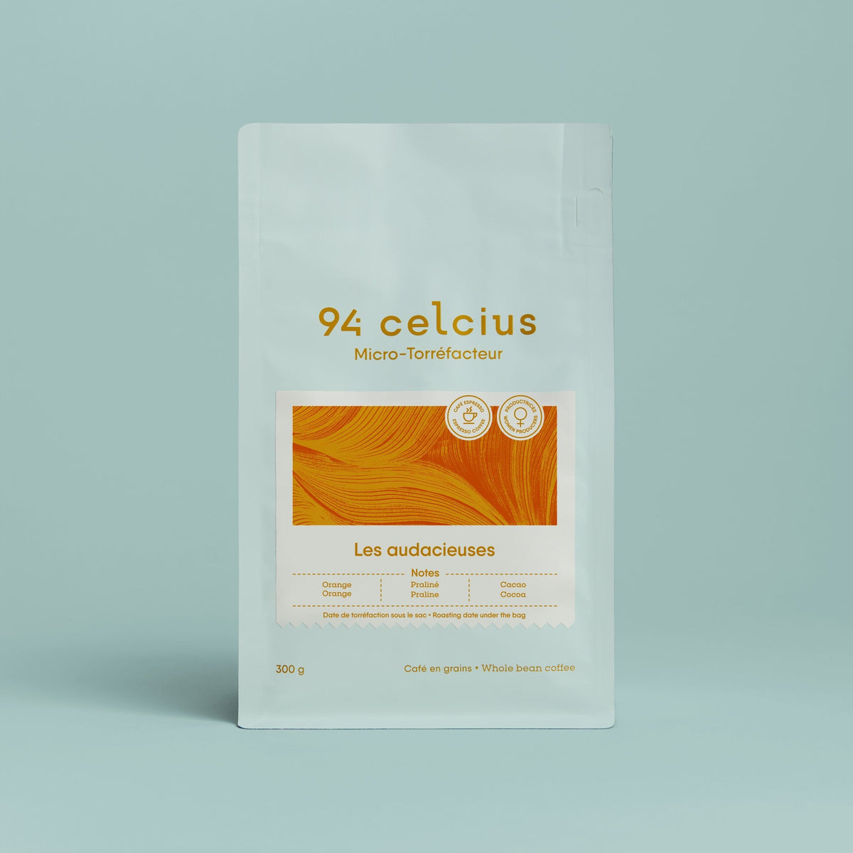 Sachet de café 94 celcius, face avant avec illustration orange et étiquette «300 g»