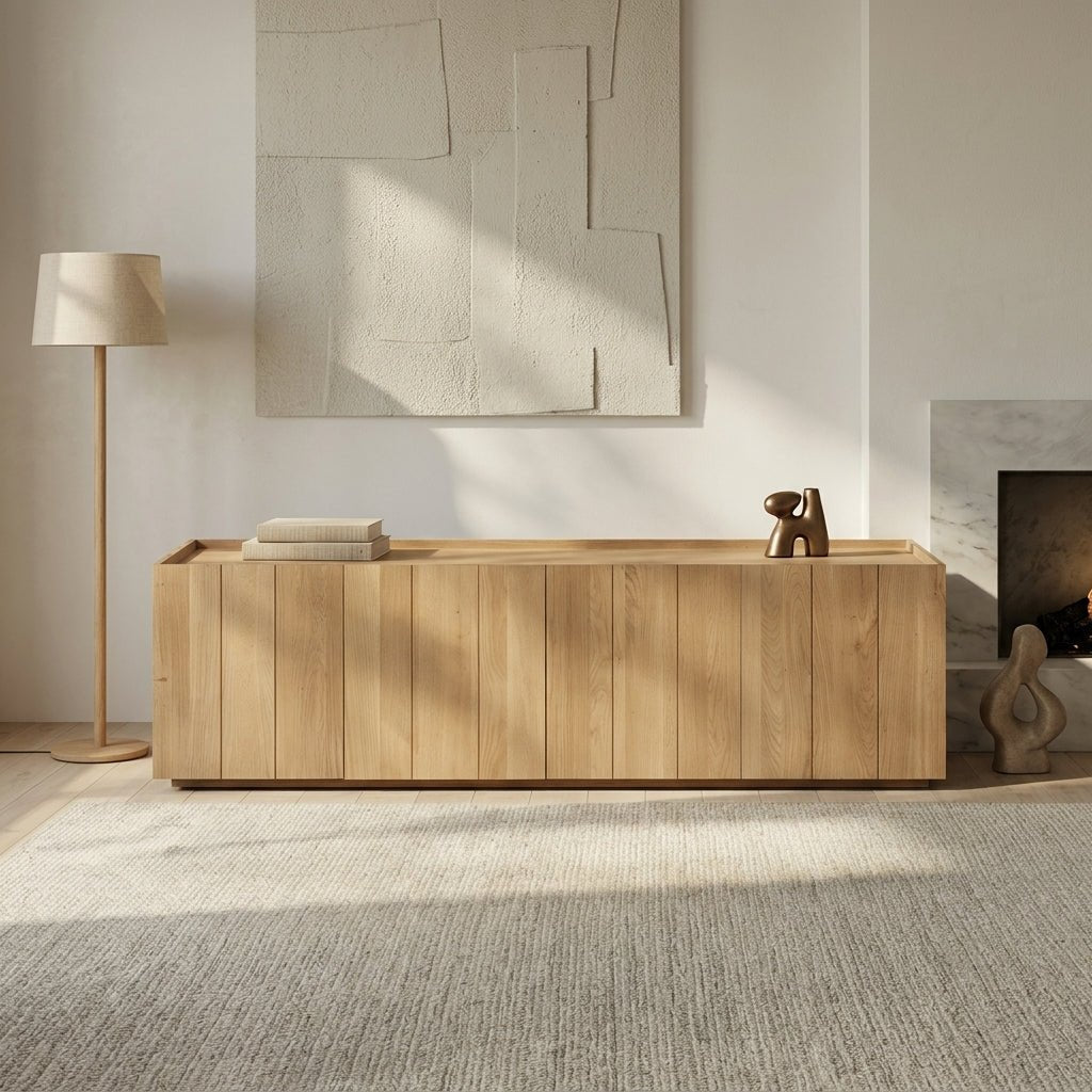 Meuble média en chêne massif, façade avec portes et rangements, style minimal.