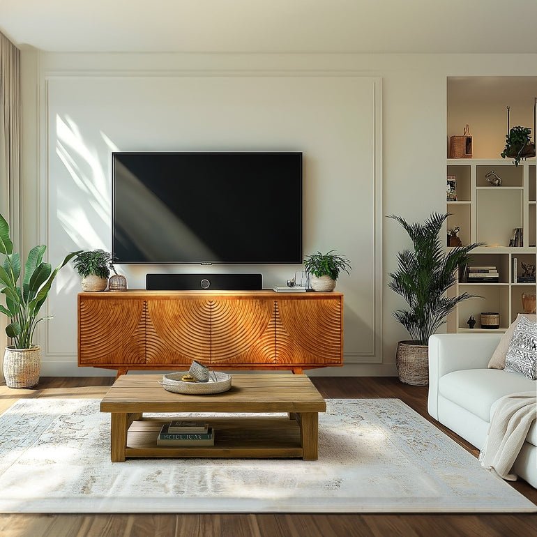 Meuble TV en bois miel à motif sculpté circulaire, écran sur base et étagères