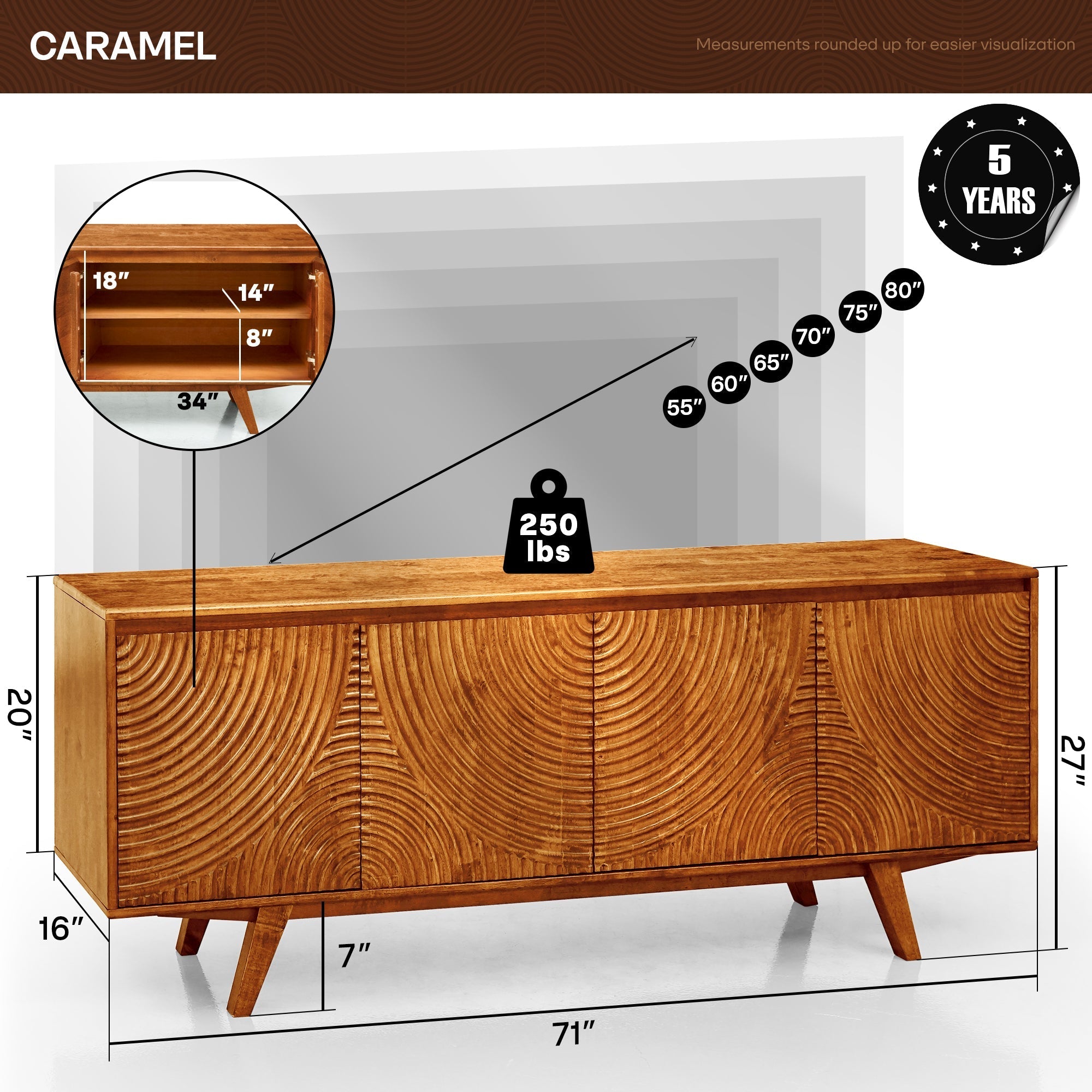 Meuble TV en bois brun caramel, dimensions indiquées, façade à motif veiné en relief