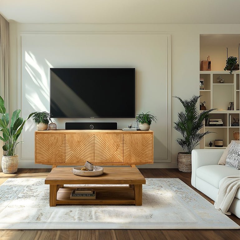 Meuble TV en bois clair à motif cercles, façade avec 2 portes et pieds inclinés.