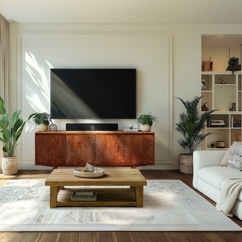 Meuble TV en bois brun caramel à façade sculptée, pour écran et rangement