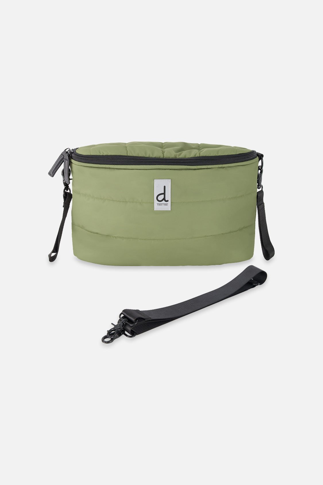 Mini sac à couches vert olive imperméable avec bandoulière et attaches pour poussette de la marque Deux par Deux.