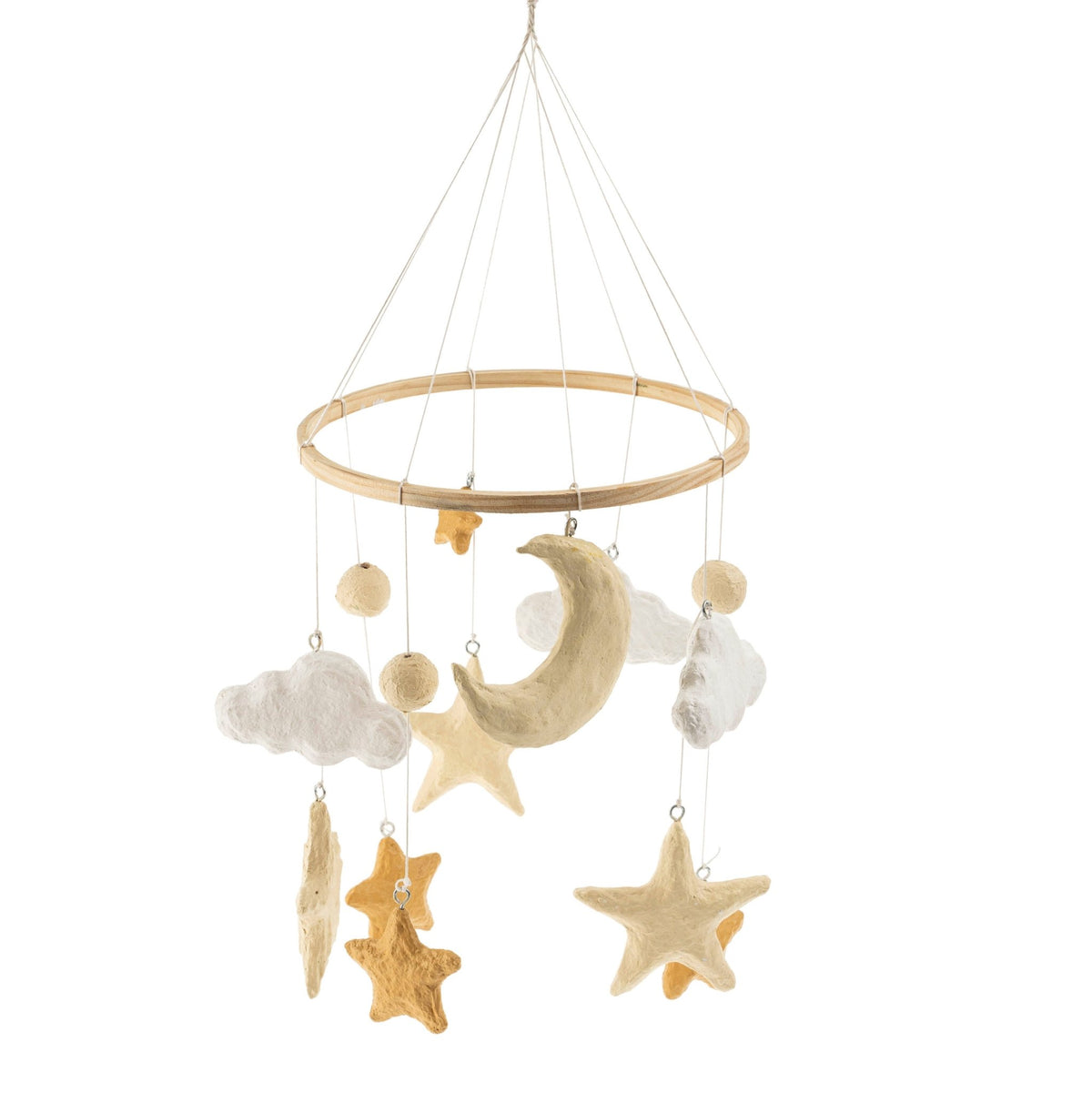 Mobile céleste en papier mâché et bois: lune, étoiles et nuages suspendus