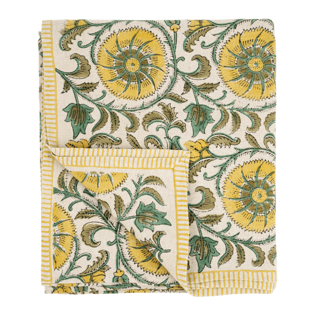 Nappe Botanique en Coton & en Lin | Vert | Impression au Bloc Fait Main - Les Trouvailles de JustineIndaba Home