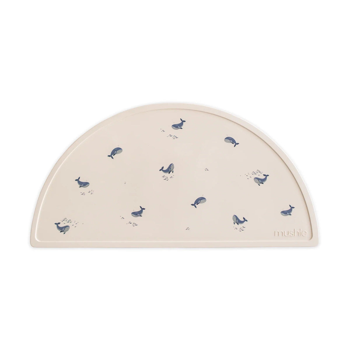 Napron de table en silicone beige avec motifs baleines bleues, style éventail