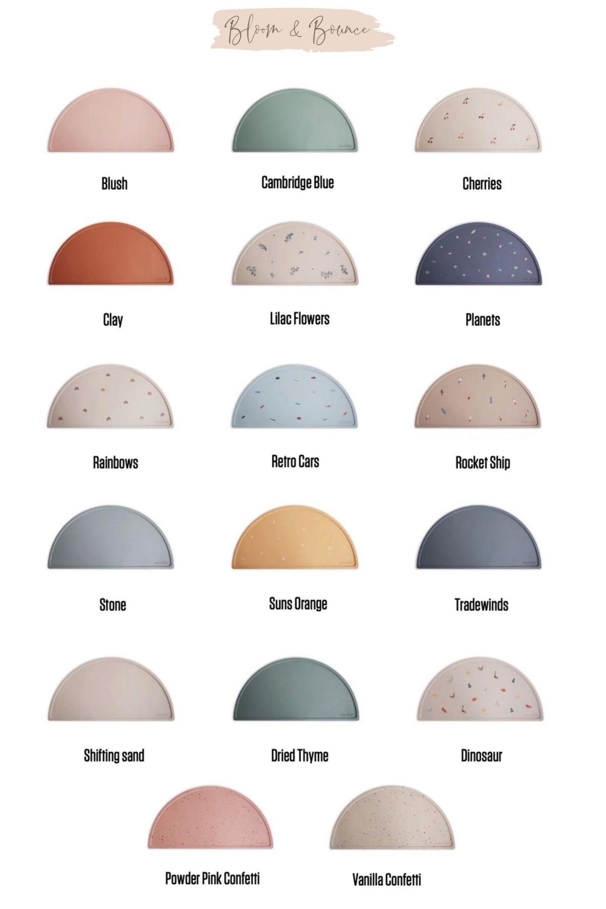 Naprons de table en silicone : gamme de couleurs et motifs, présentés en vignettes