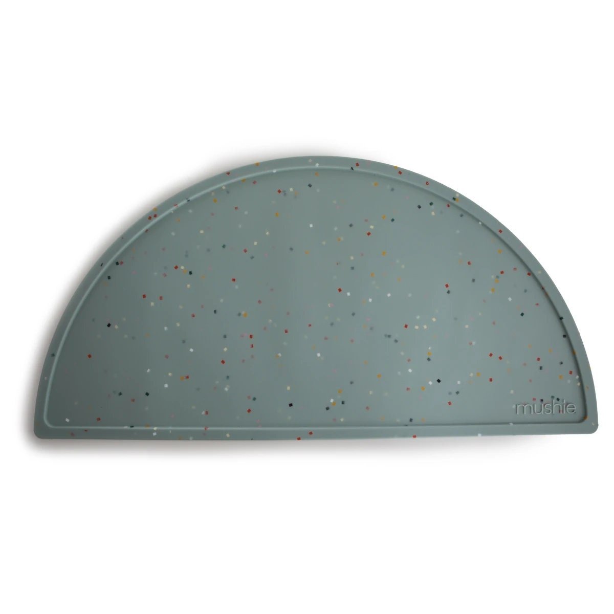 Napron de table en silicone gris-bleu avec confettis multicolores, forme arrondie