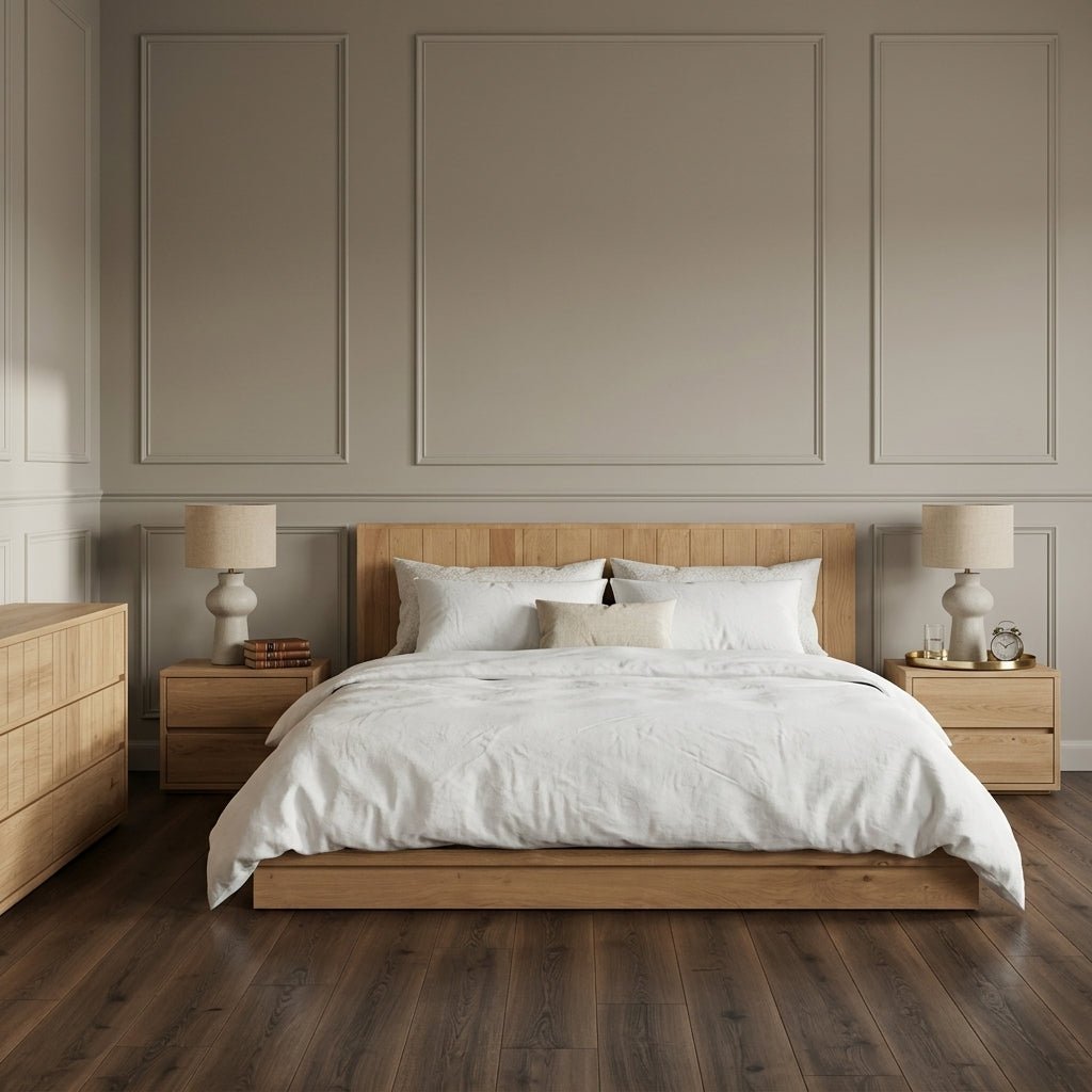 Lit Parana en bois massif avec tables de nuit | Chêne naturel | Design épuré