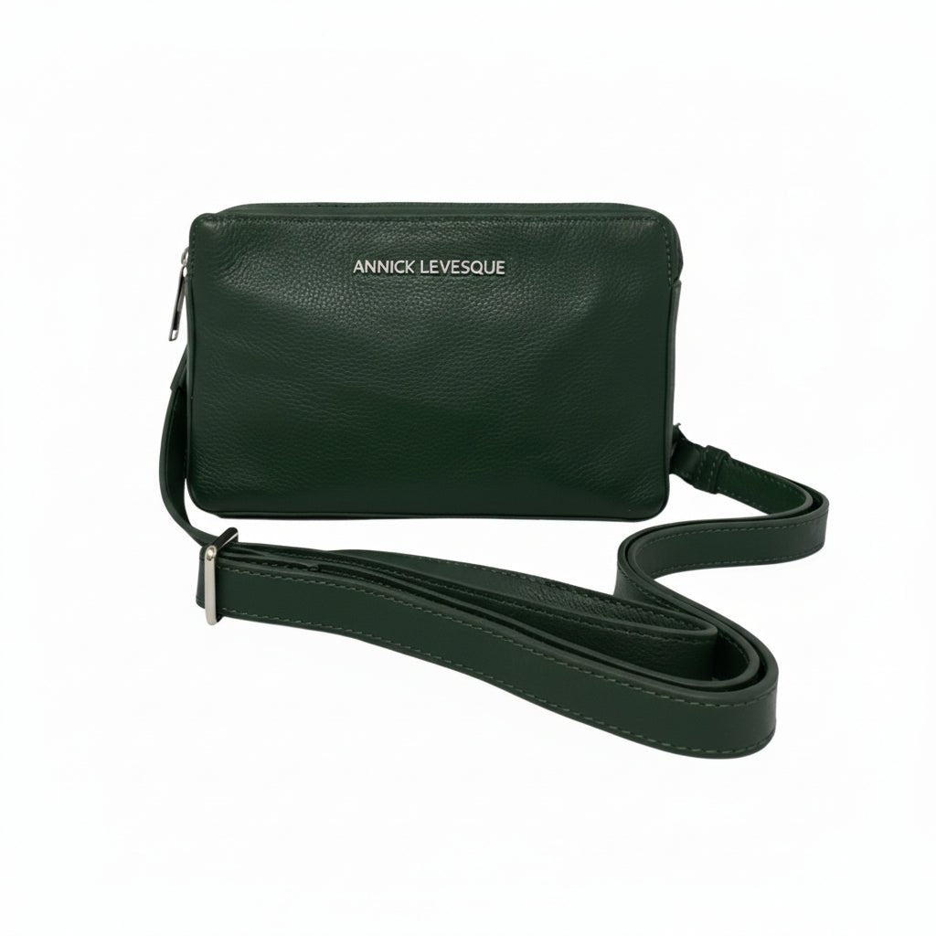 Petit sac bandoulière en cuir vert foncé, fermeture zippée et bandoulière