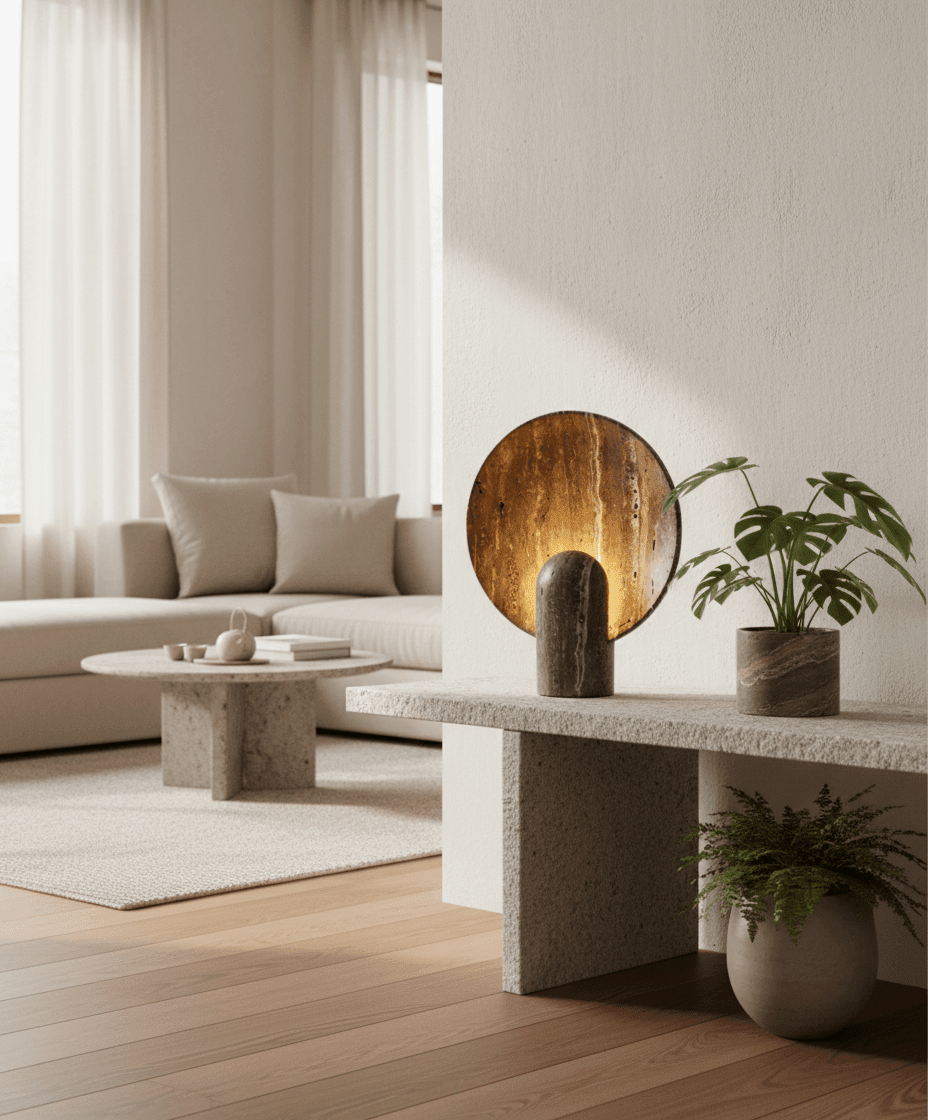 Lampe de table Petra en pierre de travertin naturelle au style moderne et minimaliste