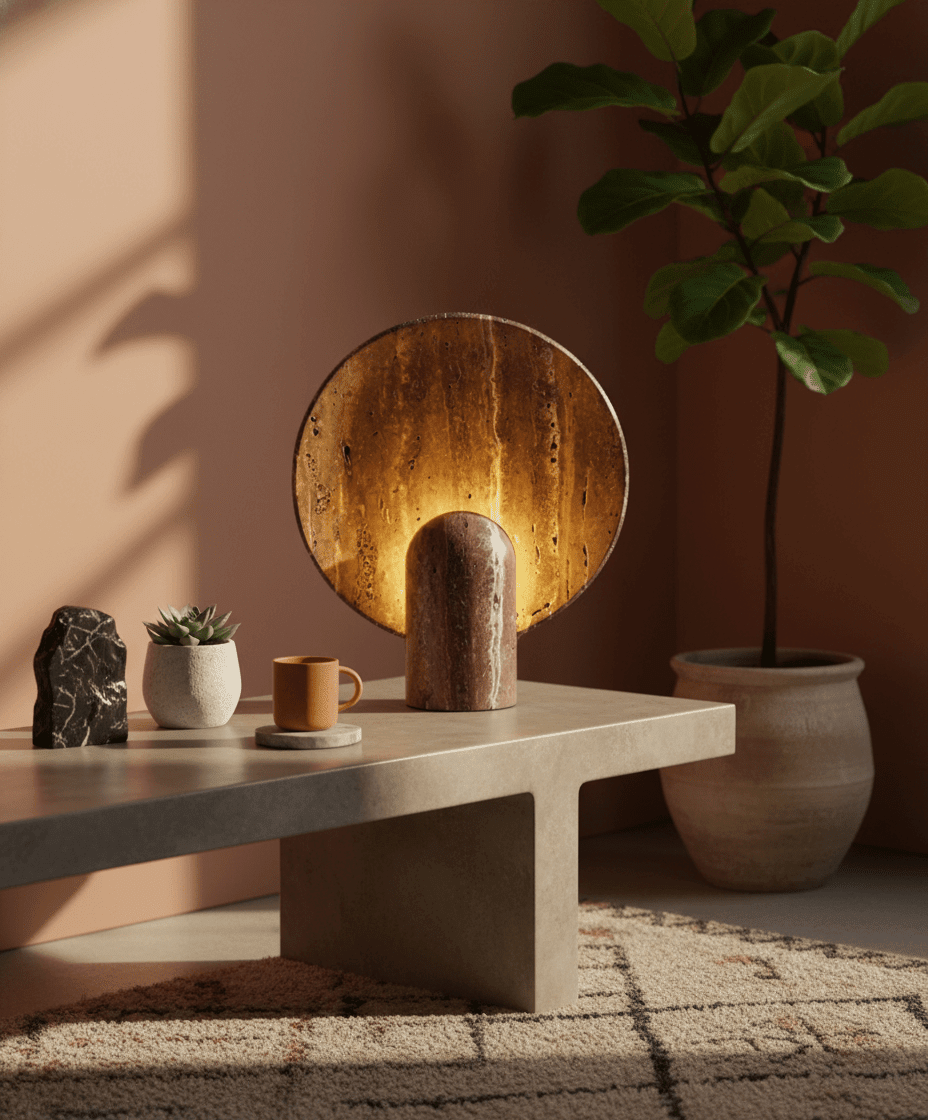 Petra Natural Stone Table Lamp | Travertine | Handmade | Integrated LED