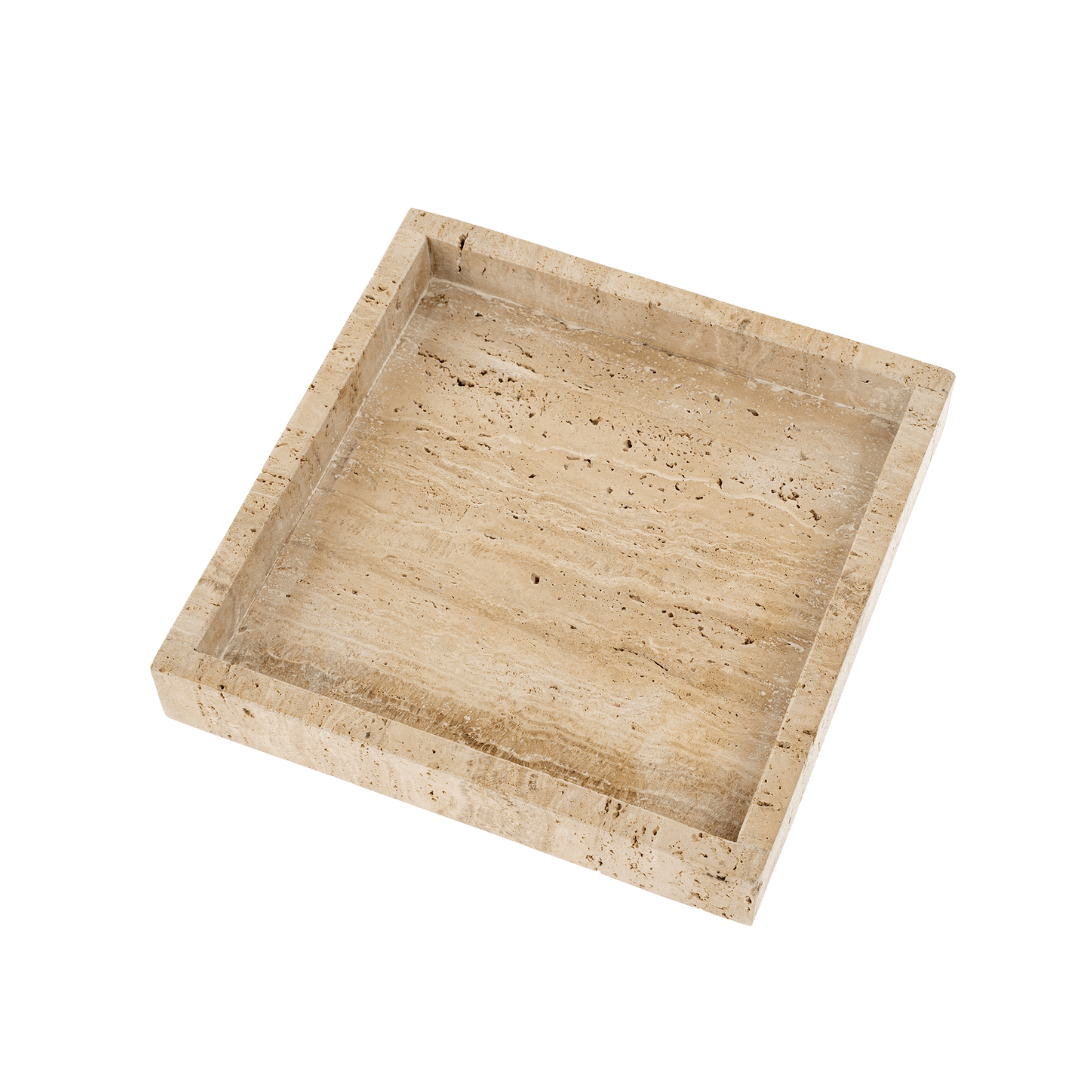 Plateau carré en travertin | 30 x 30 cm | Pierre naturelle sculptée à la main - Les Trouvailles de JustineIndaba Home
