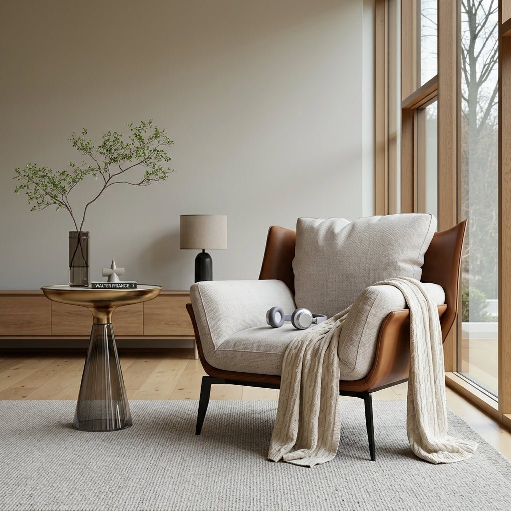 Fauteuil d’appoint gris en tissu avec côtés marron en cuir, pieds noirs, coussin.
