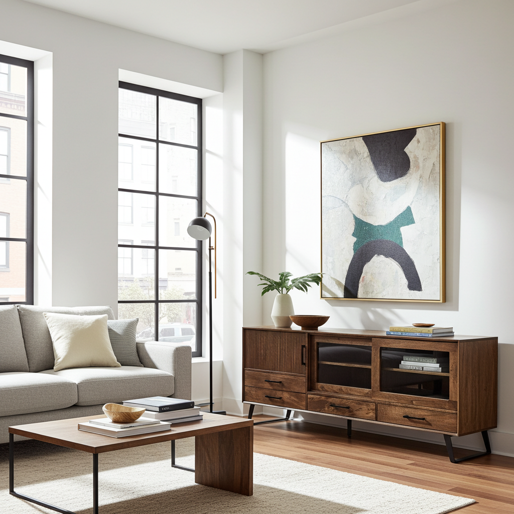 Meuble Télé Arezzo en bois de manguier | Portes coulissantes vitrées