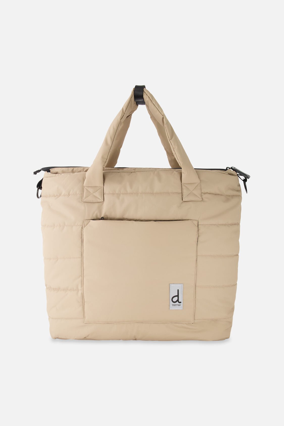 Sac à couches taupe avec matelas à langer inclus, pochettes de rangement et attaches pour poussette de la marque Deux par Deux.
