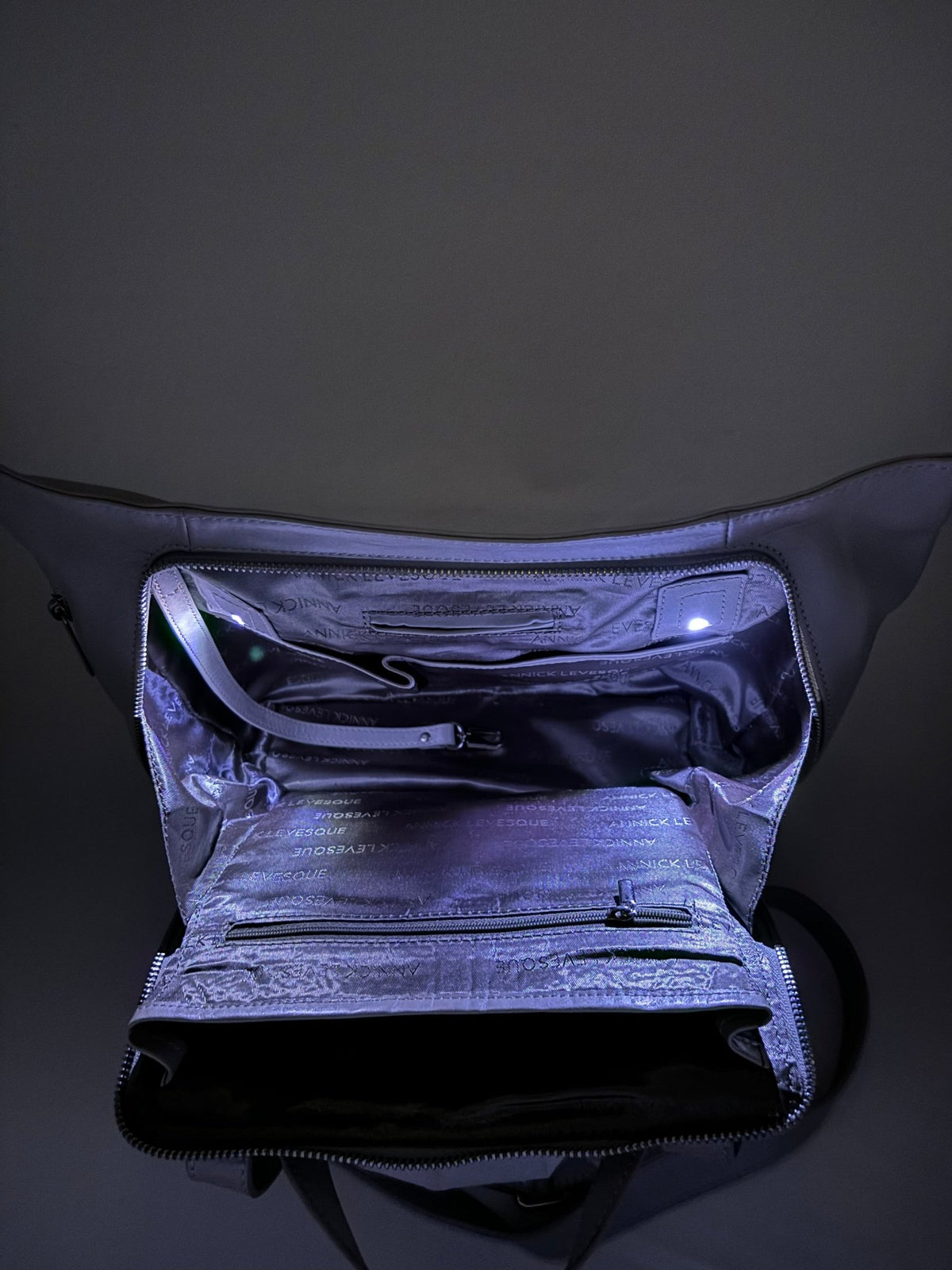 Sac à dos en cuir argent, intérieur doublé sombre avec compartiment zippé et sangles.