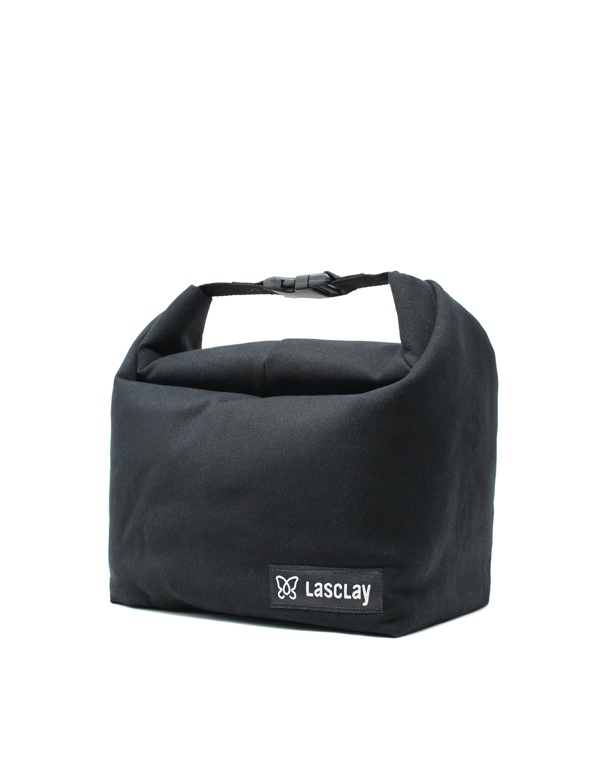 Sac à lunch isolé Lasclay noir, ouverture avec poignées tressées et étiquette