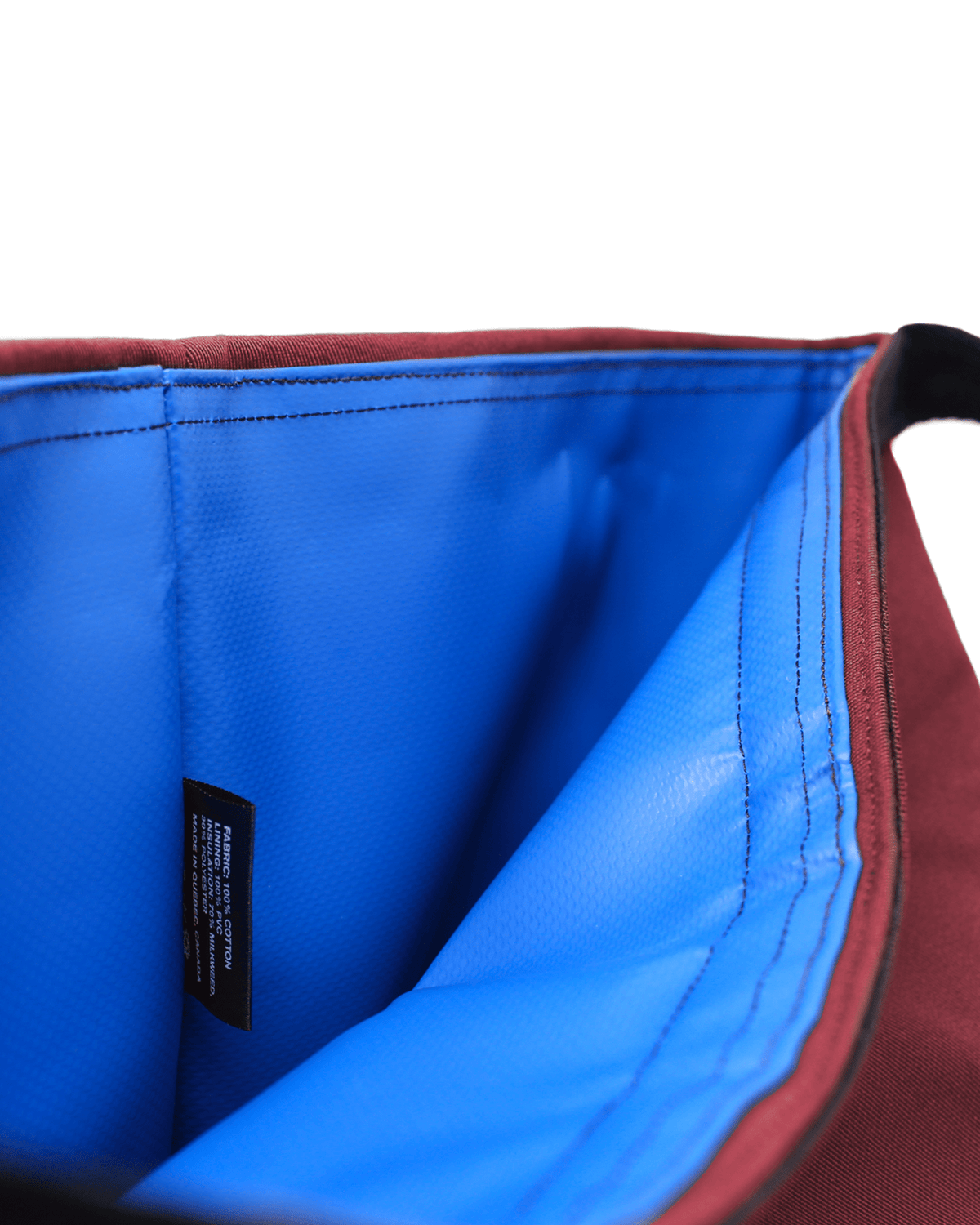Sac à lunch isolé Lasclay : doublure bleue et couture, étiquette noire intérieure