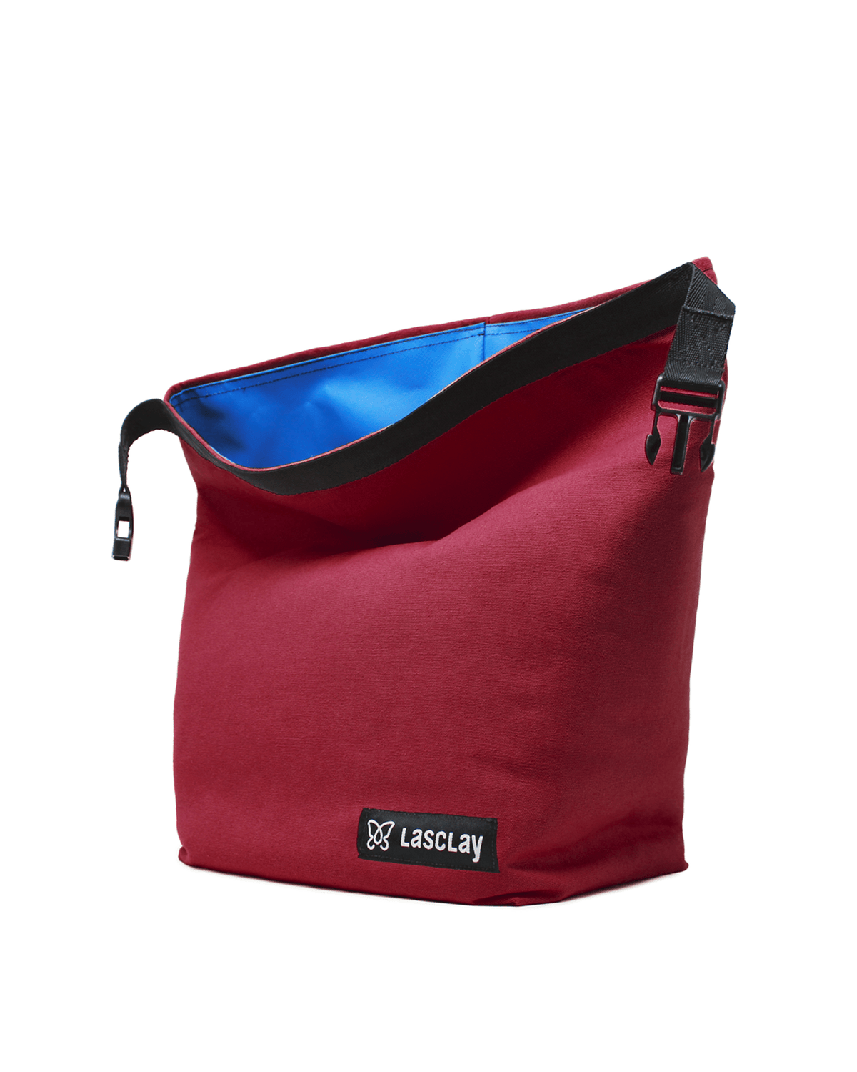 Sac à lunch isolé Lasclay rouge, intérieur bleu, sangle réglable noire sur le côté