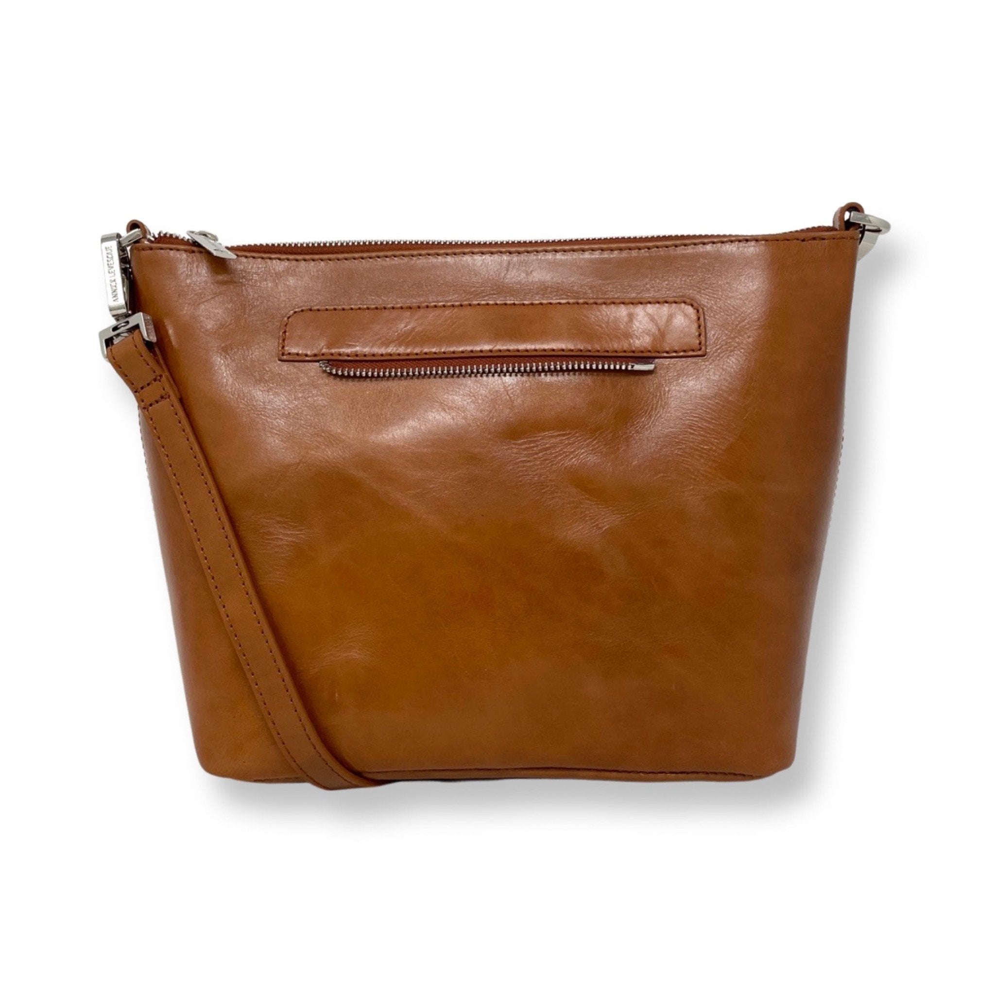 Sac à main en cuir cognac avec poche zippée horizontale et bandoulière latérale