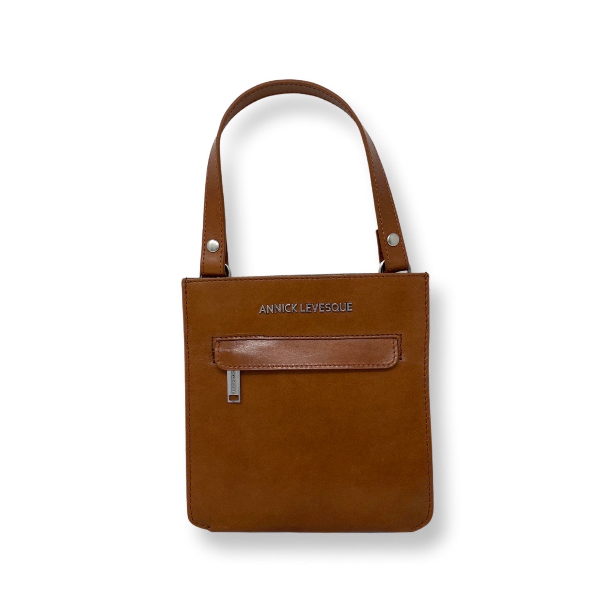 Sac à main en cuir cognac avec poignée et poche zippée avant