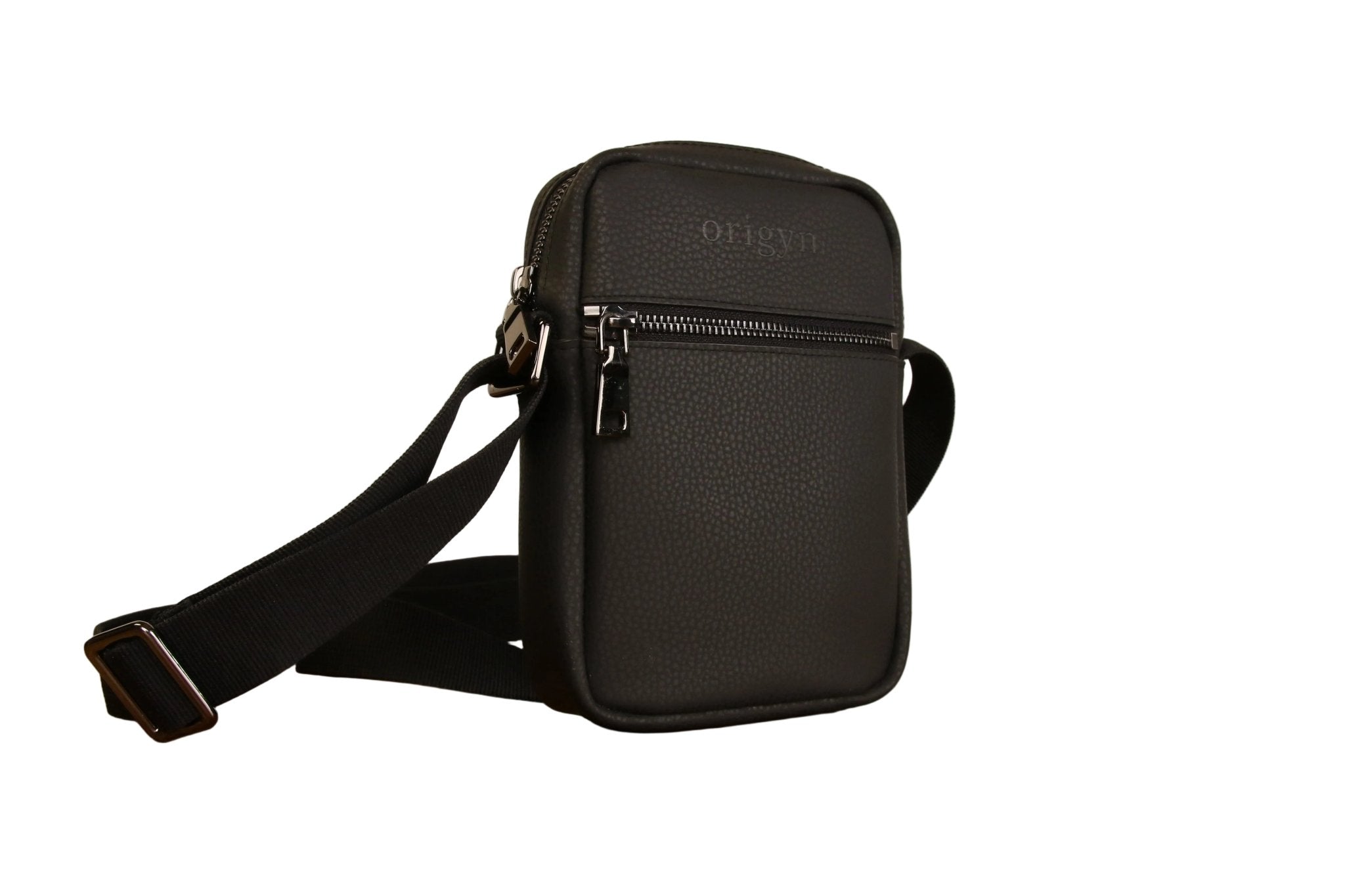 Sac bandoulière noir en cuir végétal, vue arrière avec fermeture éclair et sangle