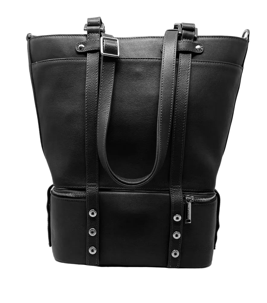 Sac cabas en cuir noir avec sangles réglables et section isotherme zippée