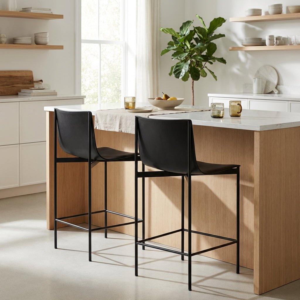 Ensemble de 2 tabourets de bar Alto à dossier haut en cuir véritable | Fait à la main