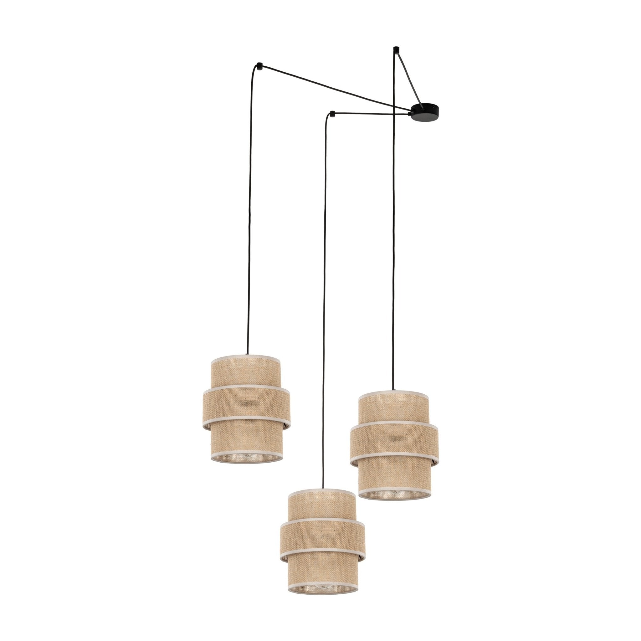 Suspension triple en jute naturelle : trois abat-jours cylindriques, tiges noires