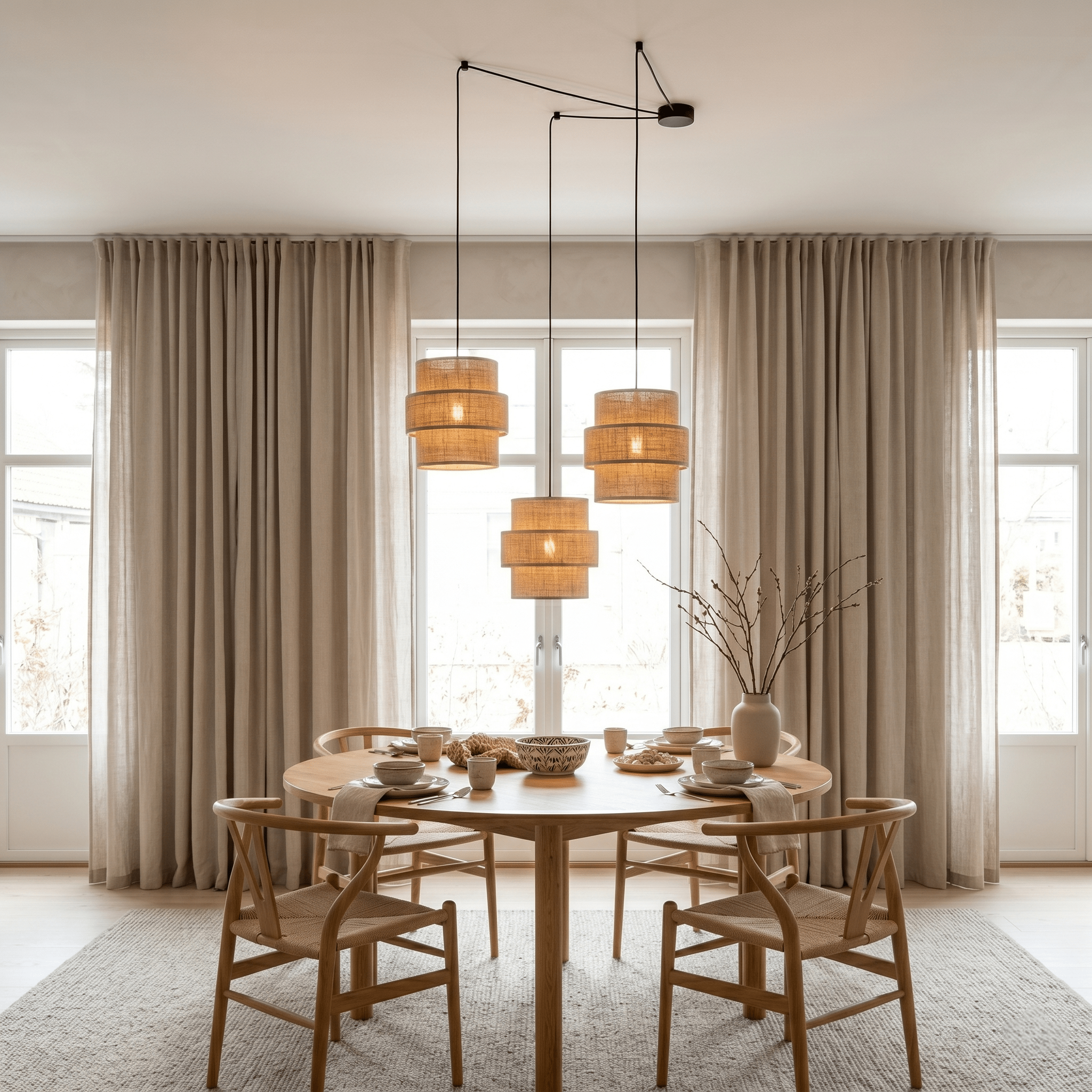 Suspension CALISTO JUTE à trois lumières en jute naturelle avec câbles réglables au-dessus d'une table à manger dans un intérieur scandinave.
