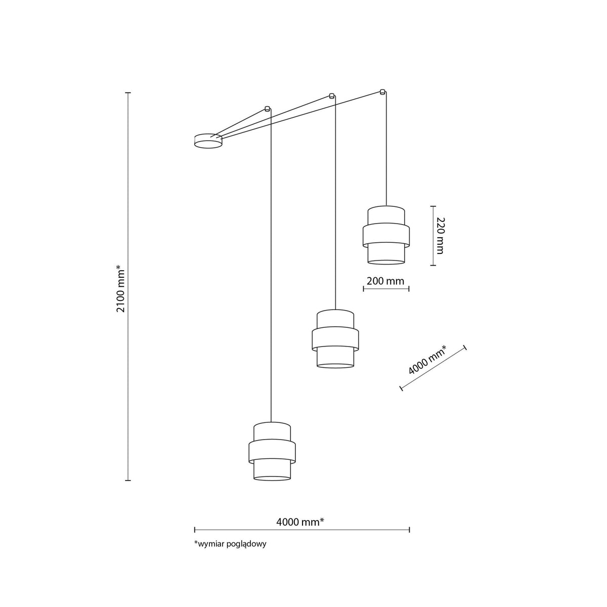 Schéma suspension triple en jute : dimensions 2100 mm, 400 mm et 200 mm