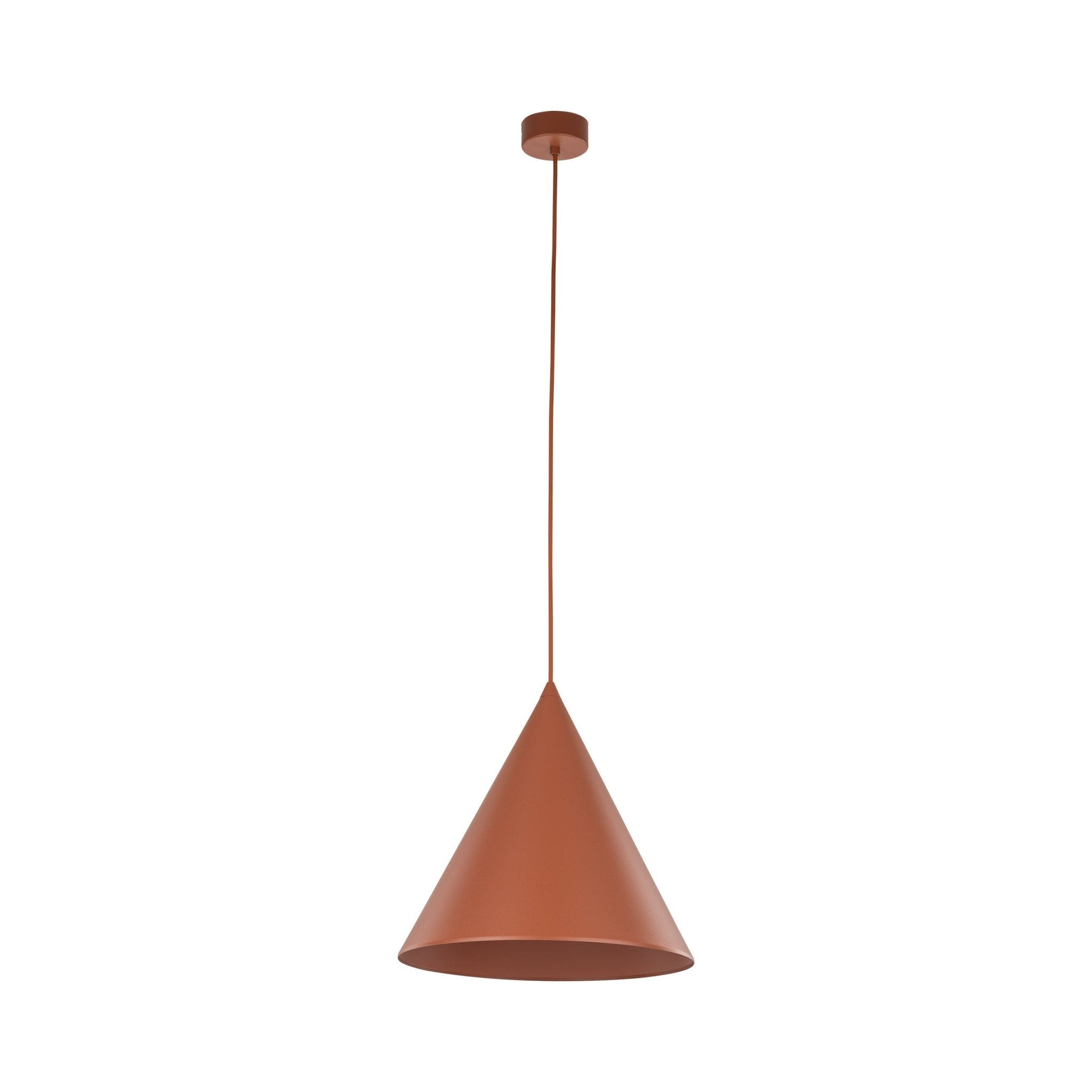 Suspension conique orange brique avec câble et rosace de plafond ronde.