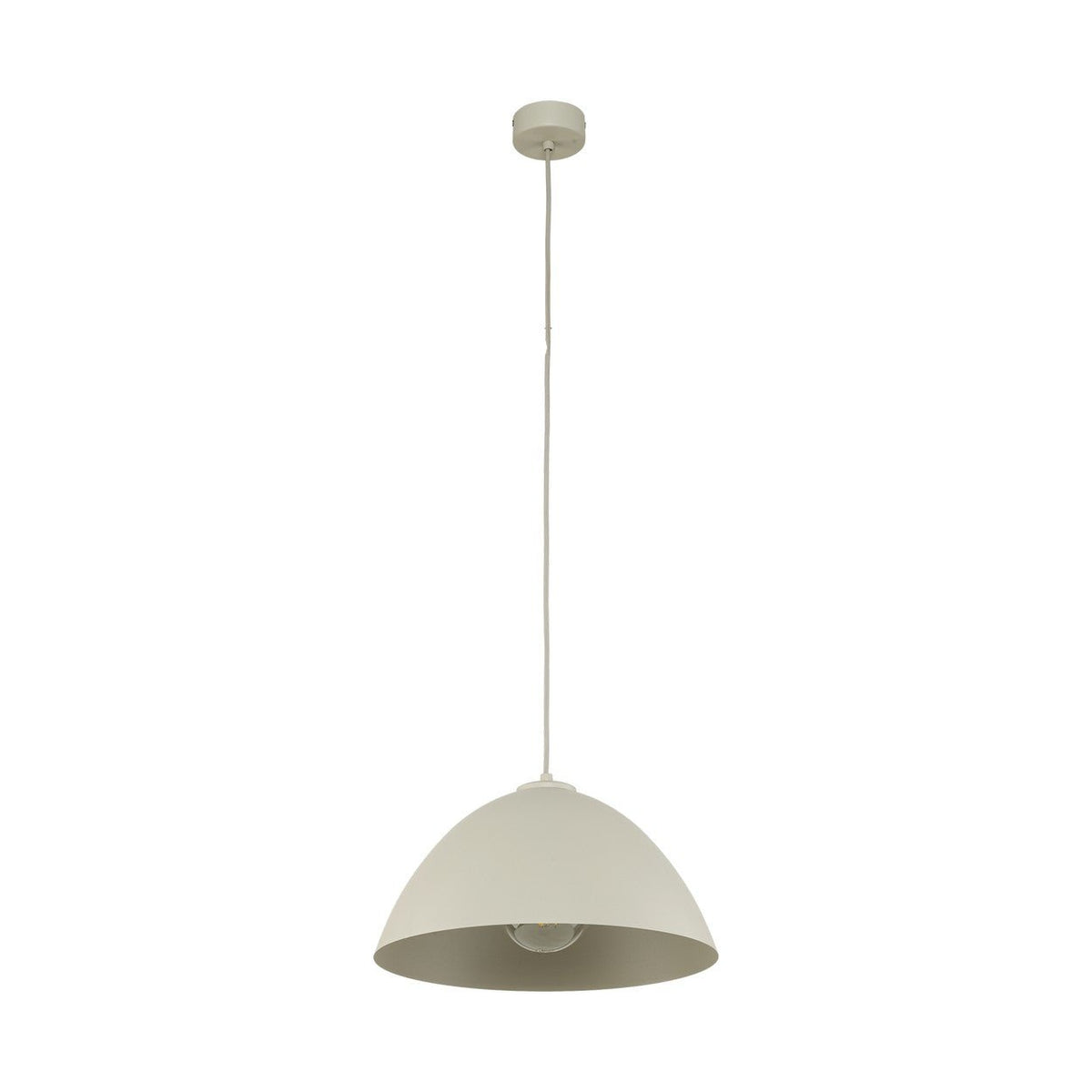 Luminaire suspendu avec abat-jour gris beige en dôme et ampoule visible.